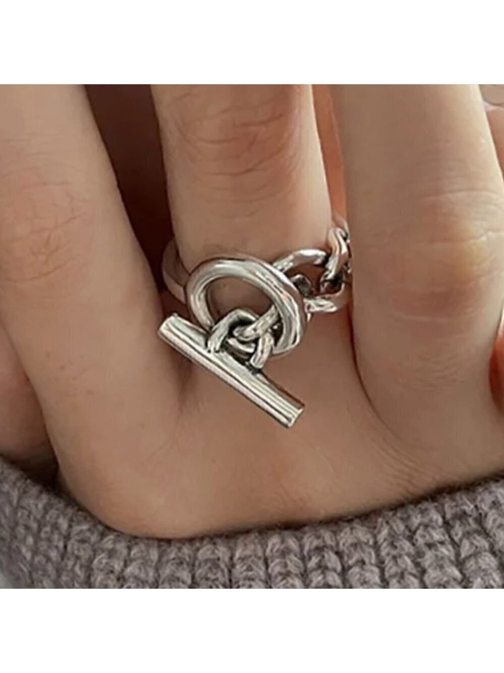 925 Sterling Stamped Loop and Toggle Adjustable Boho Ring #1309 - Picture 3 of 12